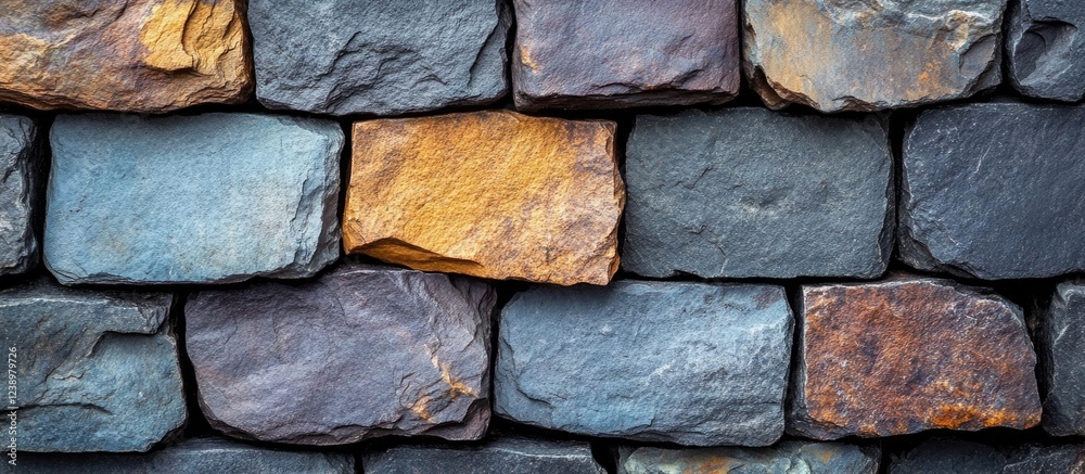 Aufkleber Textured wall of various natural stone blocks in shades of gray and orange with visible layers and irregular shapes Copy Space
