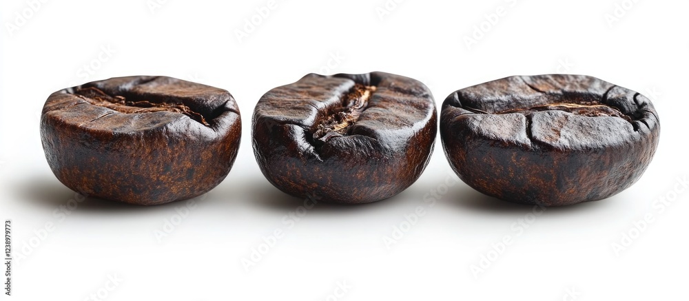 Poster Close-up of three roasted coffee beans arranged on a white background with ample copy space for text