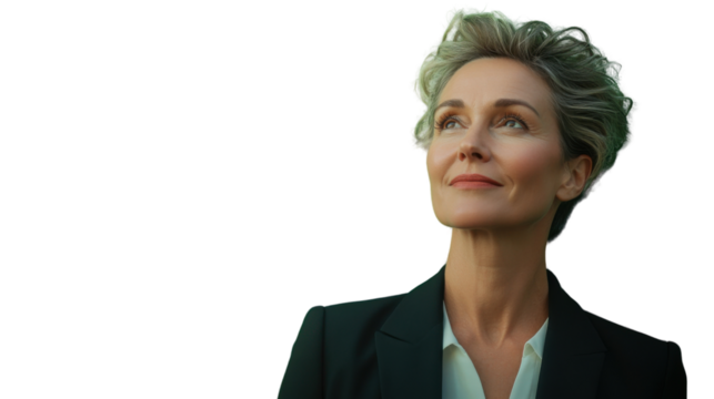 Businesswoman looking up with hope and confidence on transparent background