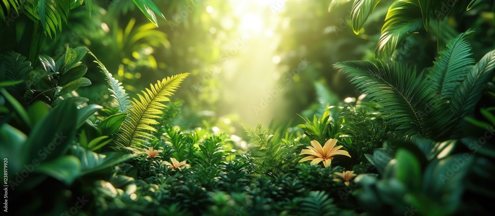Poster lush tropical jungle with vibrant green foliage and sunlight filtering through trees creating a natu