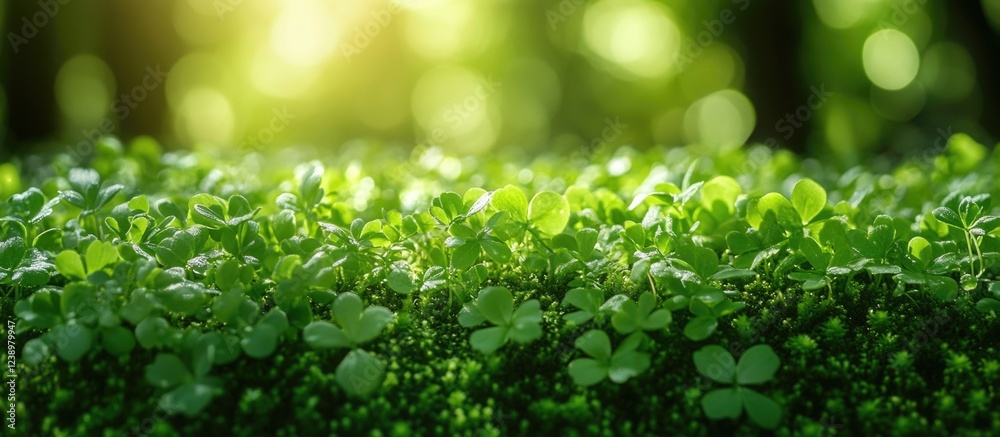 Aufkleber Fresh green clover field with soft sunlight glistening through blurred background and ample copy space for text placement