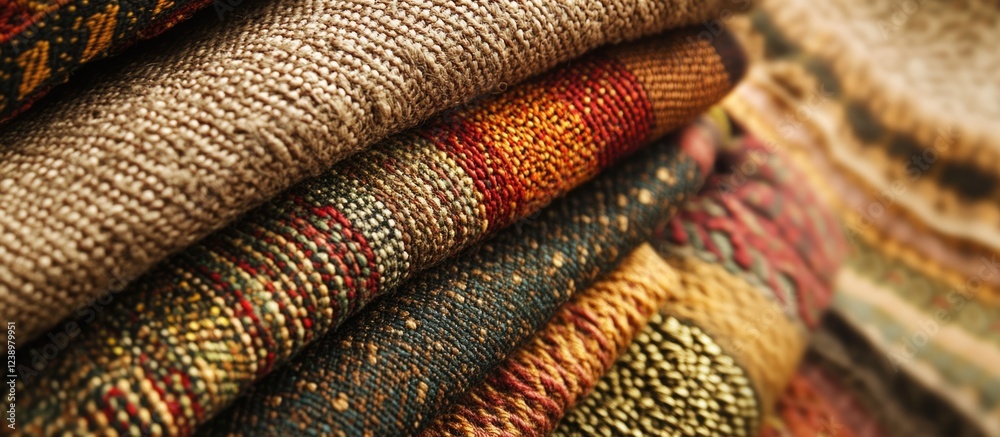 Aufkleber Textiles Displayed in Stacked Arrangement with Various Patterns and Colors Ideal for Fabric Design Copy Space