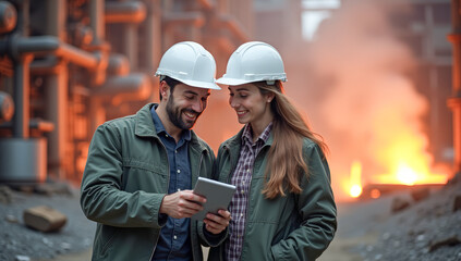 Obraz premium engineers, a man and a woman in white helmets, look at a tablet