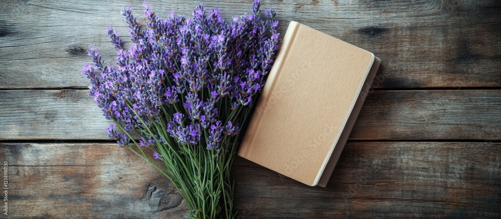 Poster lavender bouquet beside a closed beige notebook on rustic wooden surface with ample copy space for t