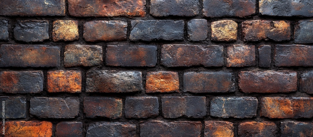 Poster textured brick wall with varying shades of brown and black displaying weathered and aged appearance,