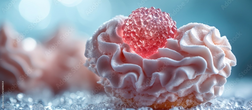 Poster pink frosted cupcake with intricate cream swirls topped with a decorative gelatin candy on a blurred
