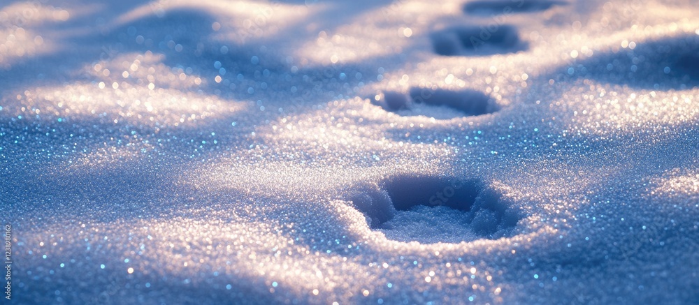 Poster footprints in snow with glittering surface and soft focus copy space
