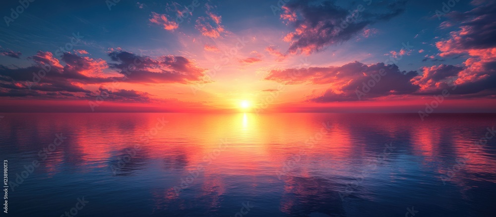 Poster vibrant sunset over calm ocean water with colorful clouds reflecting on the surface and serene atmos