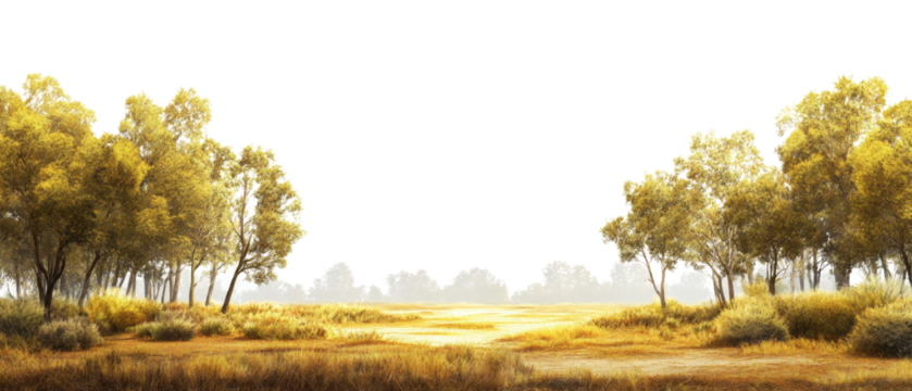 A picturesque autumnal scene featuring golden trees flanking a pathway through a sunlit meadow.