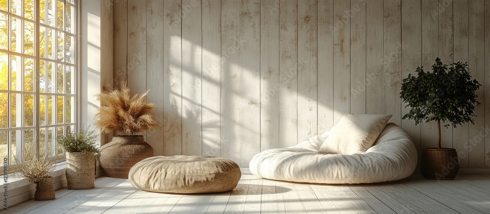 Poster Cozy minimalist interior with large window, bean bag chairs, indoor plants, and natural light, featuring wooden walls and floor, Copy Space