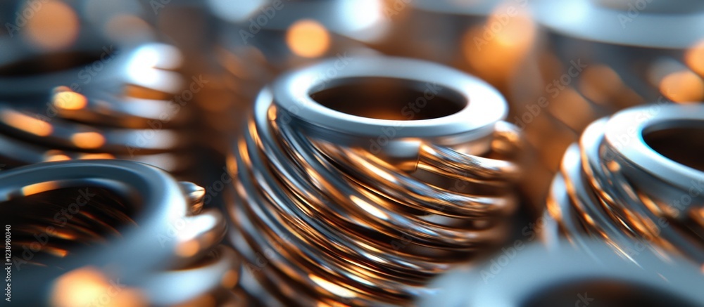 Poster close-up view of metallic springs with reflective surfaces and soft lighting creating an abstract ba