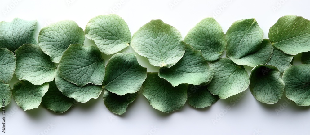 Poster Green leaves arranged in a row on a white background with natural lighting and visible texture Copy Space