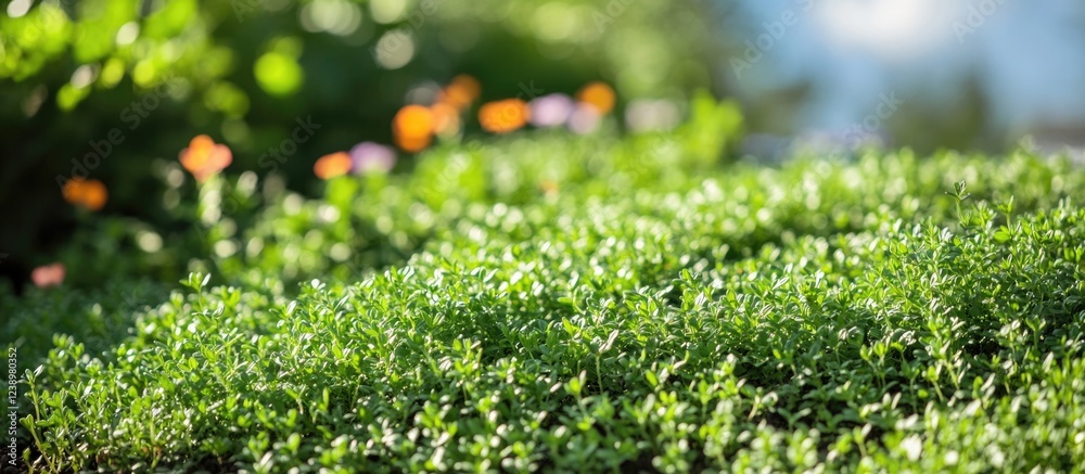 Poster Green foliage and grass in a garden setting with blurred colorful flowers in the background and soft sunlight creating a natural atmosphere Copy Space