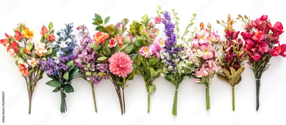 Poster Assorted artificial flower bouquets arranged in a row isolated on white background with Copy Space