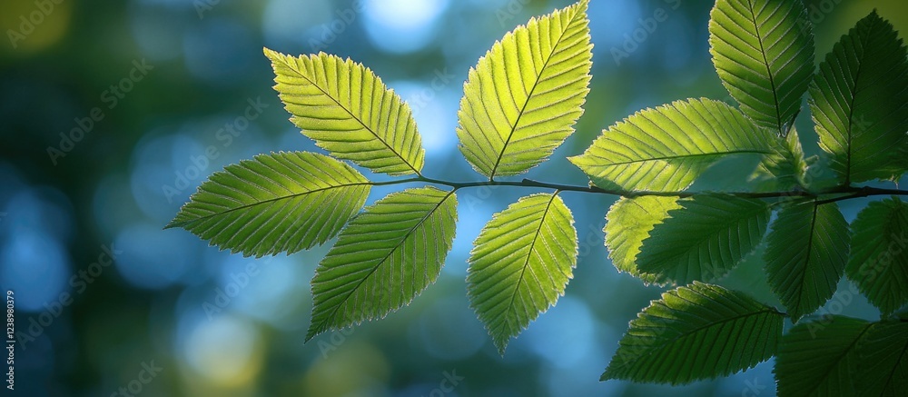 Poster Close-up of vibrant green leaves on a branch against a blurred background with soft light and a natural bokeh effect Copy Space
