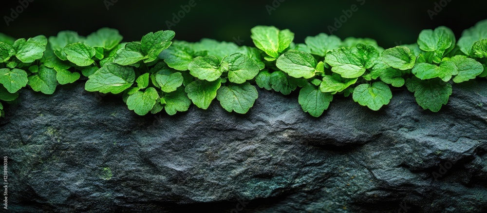 Poster lush green leaves growing along a dark textured stone surface with blurred background and ample copy