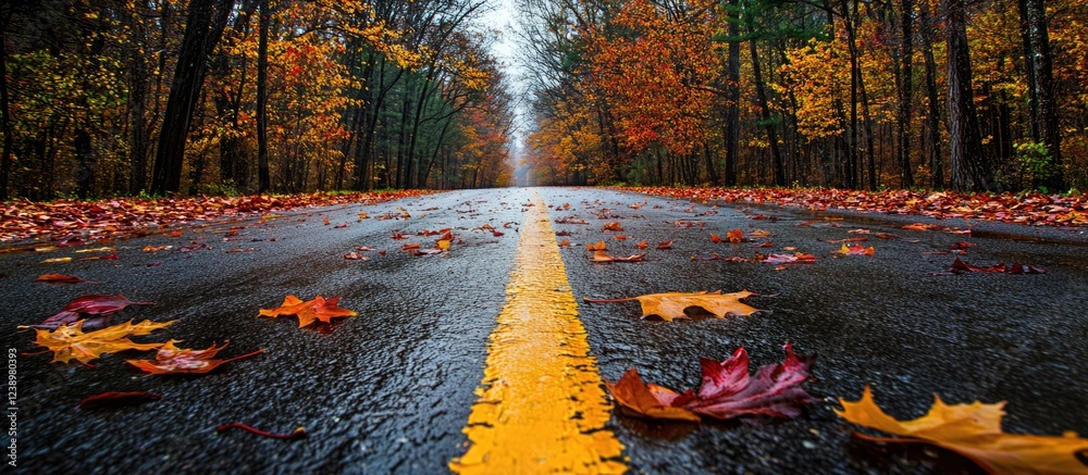 Poster Autumn leaves scattered on a wet road in a forest setting with blurred trees in the background and a double yellow line Copy Space