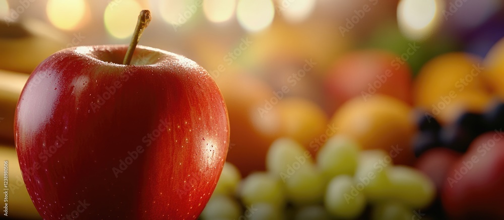 Poster red apple in focus with a blurred background of assorted fruits, highlighting freshness and vibrant 