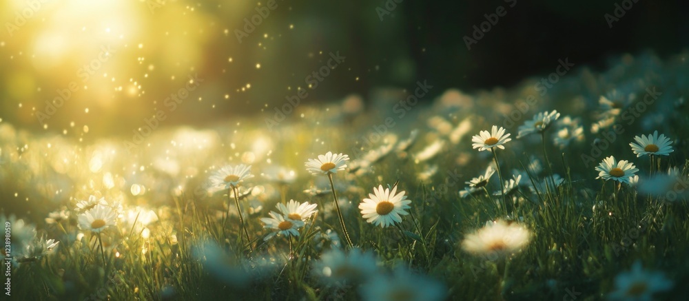 Aufkleber Field of daisies with soft sunlight and bokeh effects creating a tranquil atmosphere with natural elements and subtle highlights Copy Space