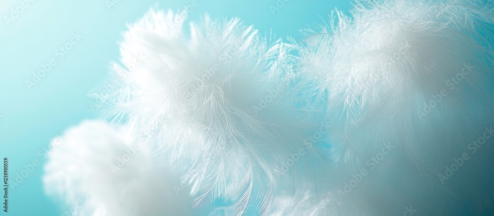 Poster Fluffy white feathers on a soft blue background with gentle lighting and smooth textures Copy Space