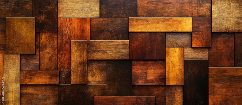 Poster wooden textured background with various shades of brown and gold, featuring overlapping rectangular 