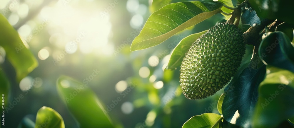 Poster close-up of a young durian fruit on a tree branch surrounded by green leaves in natural sunlight wit