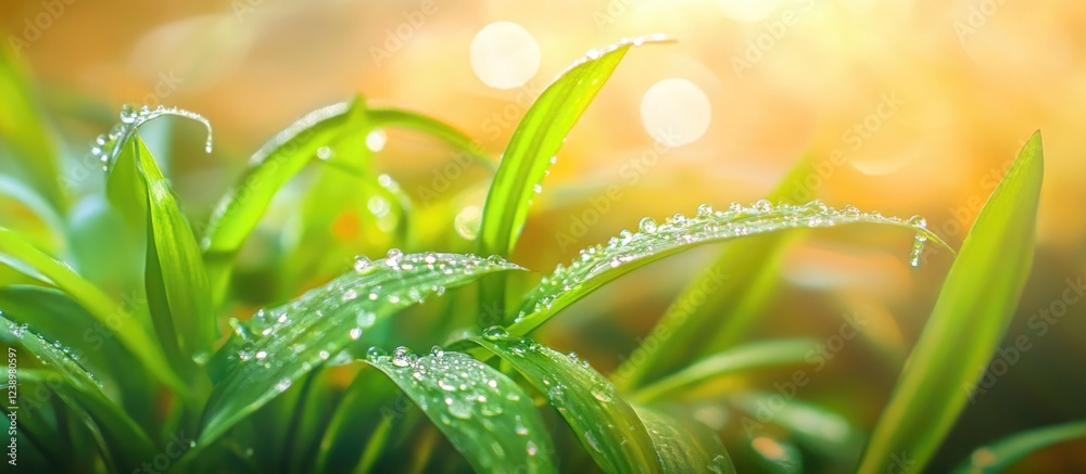 Poster fresh green grass blades with water droplets under soft sunlight bokeh background copy space