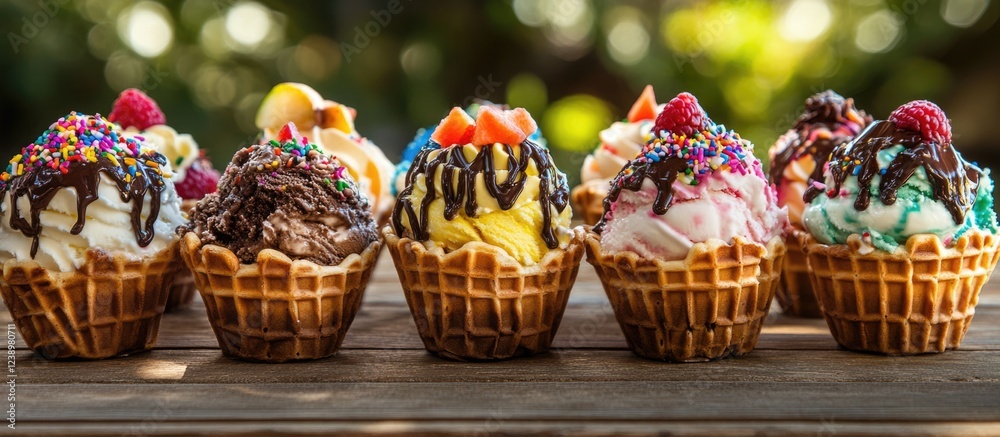 Aufkleber assorted ice cream cones in waffle cups topped with chocolate syrup and colorful sprinkles displayed