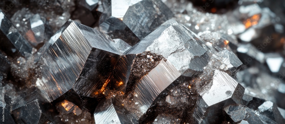 Aufkleber Close-up view of metallic mineral crystals with reflective surfaces and intricate textures featuring various sharp angles and geometric shapes. Copy Space