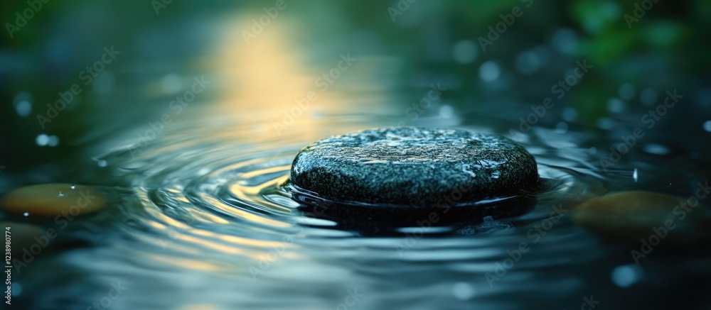 Poster wet stone surrounded by rippling water with soft reflections and blurred green foliage in the backgr