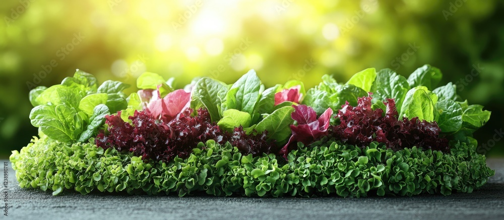 Poster fresh assorted salad greens arranged on a wooden surface with blurred nature background and soft sun