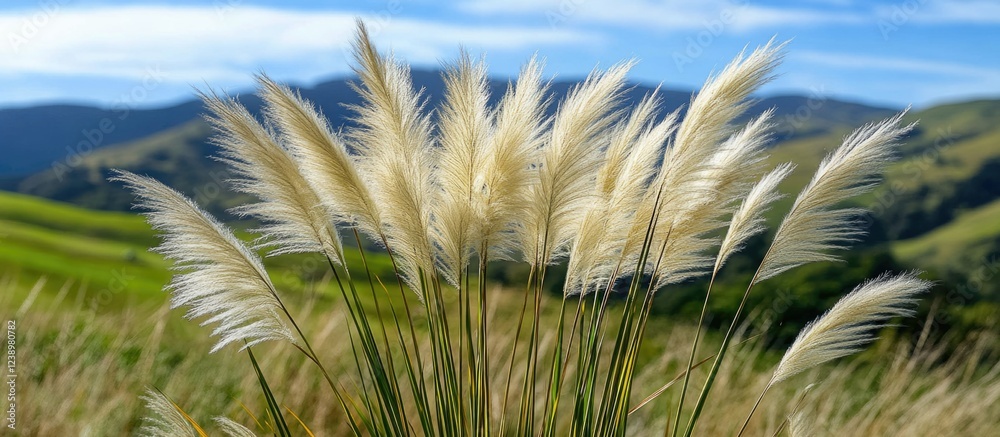 Poster pampas grass in focus with blurred hills in background under clear sky copy space