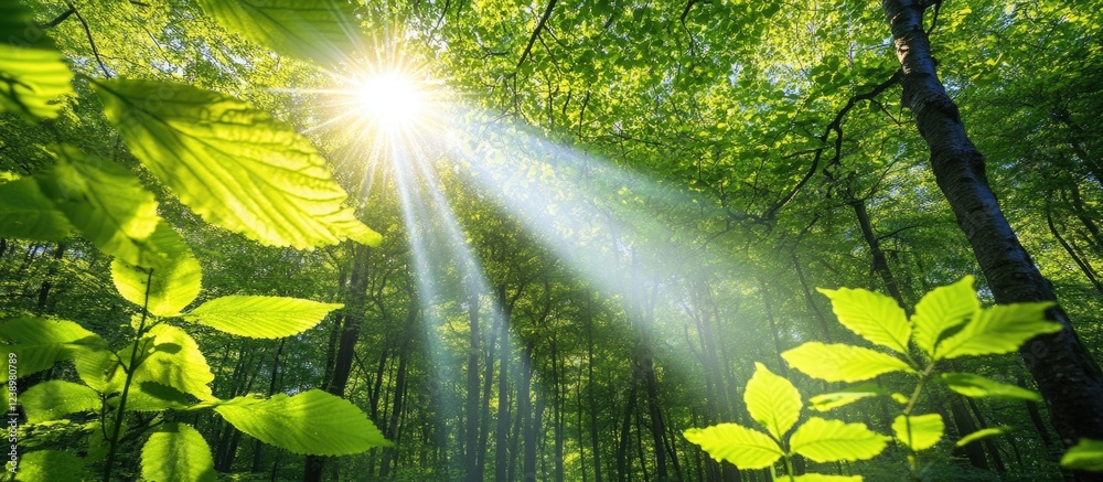 Poster Sunlight filtering through lush green leaves in a dense forest creating a peaceful natural atmosphere with copy space for text