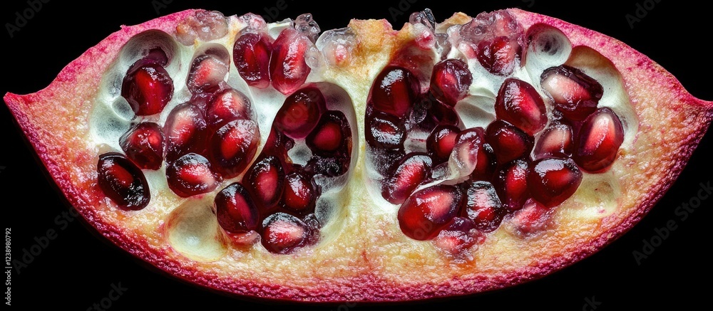 Aufkleber pomegranate fruit half showing seeds and arils with contrasting red and white colors isolated on bla