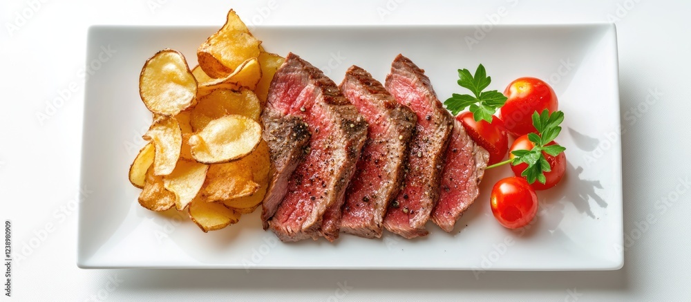 Poster grilled steak slices with crispy potato chips cherry tomatoes and parsley on a white plate with copy