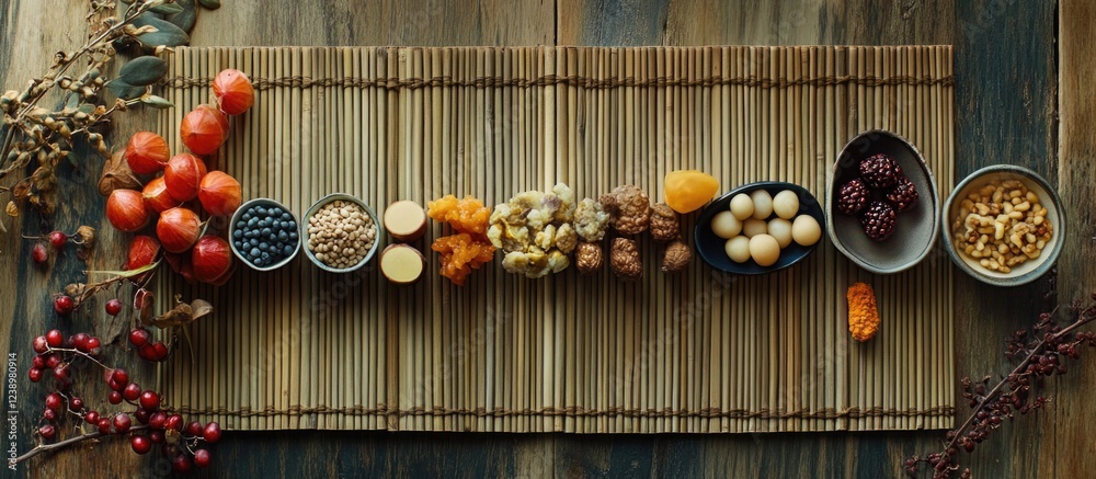 Aufkleber Assorted spices and dried fruits arranged in bowls on a bamboo mat with rustic wooden background and decorative branches Copy Space