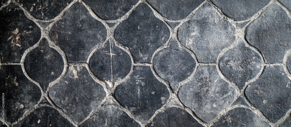 Aufkleber Black textured tile flooring with decorative patterns and worn surfaces suitable for backgrounds and design projects Copy Space