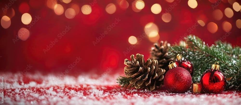 Poster christmas decoration with red ornaments pine cones and green branches on snowy background with bokeh