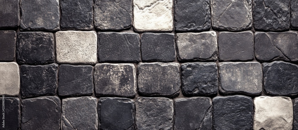 Poster Textured cobblestone pavement background in shades of black and gray with uneven surface and various block sizes copy space