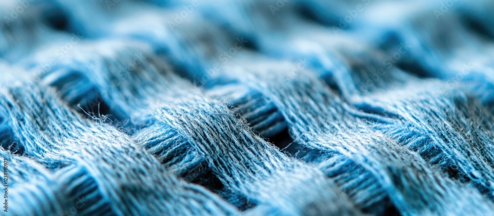 Poster Close-up texture of woven blue fabric showcasing intricate patterns with visible fibers and soft threads Copy Space