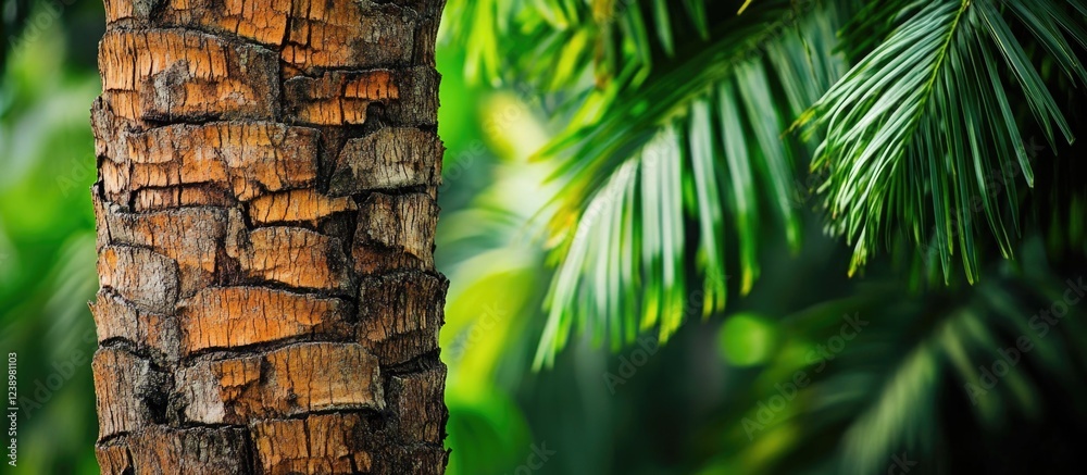 Poster Close-up of a textured palm tree trunk with green palm leaves in the background showcasing natural patterns and colors Copy Space