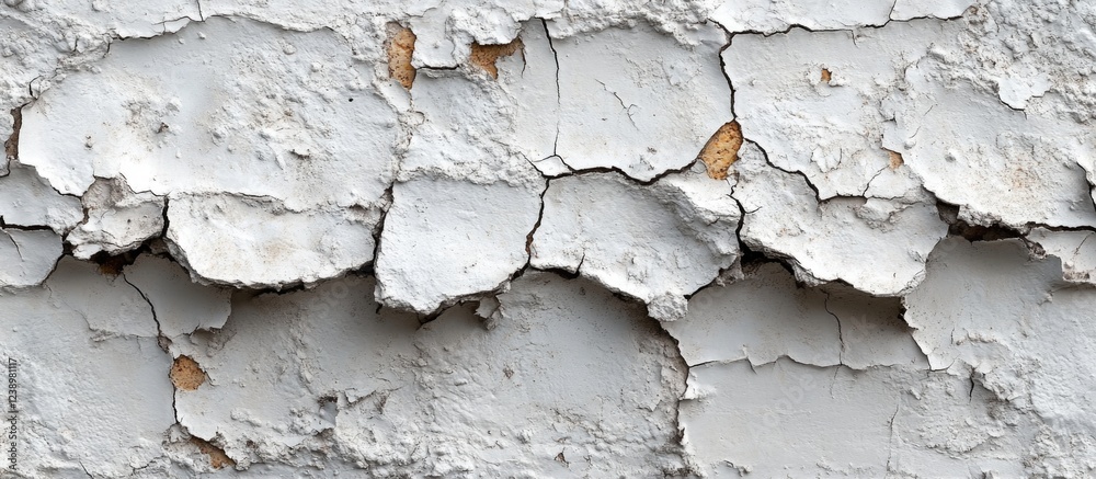 Poster Cracked and peeling white paint texture on a wall with visible layers and imperfections suitable for background use
