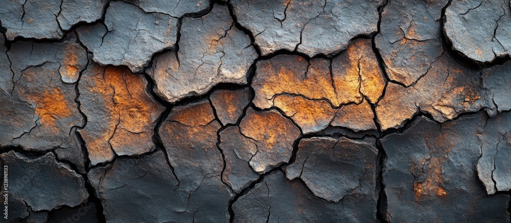 Poster textured surface of cracked soil with dark and warm tones, abstract pattern, natural background, cop