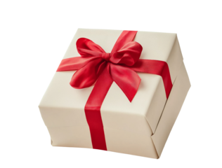 Cream Gift Box With Red Ribbon on transparent background