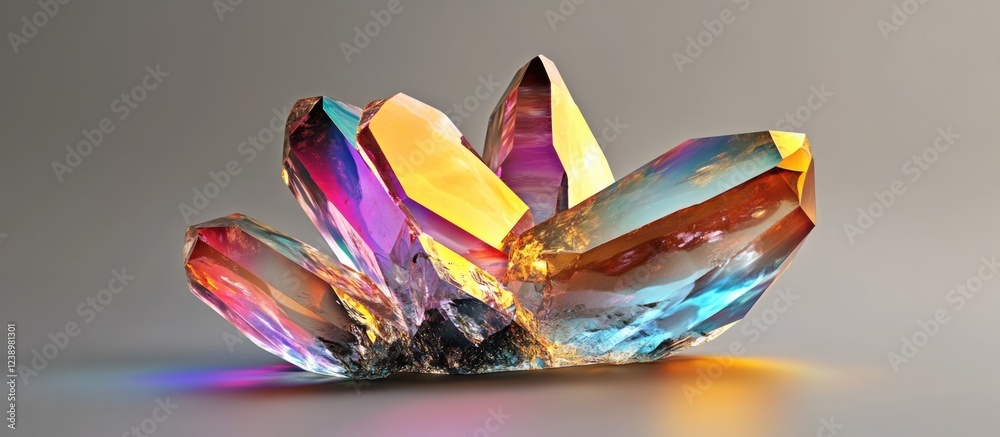 Poster colorful quartz crystal cluster with facets reflecting light on gray background copy space