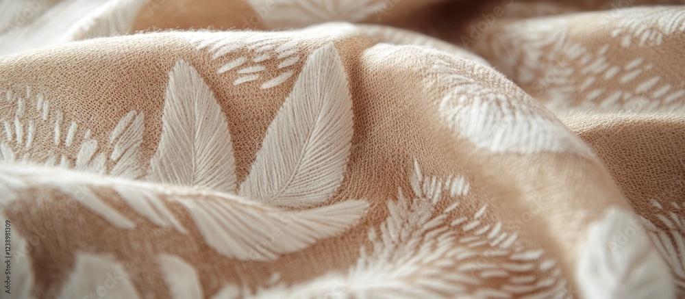 Poster close-up of textured fabric with beige background and white leaf embroidery showcasing intricate det