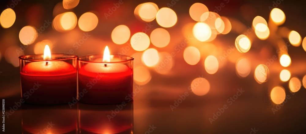 Poster red candles with lit flames in foreground against blurred warm bokeh lights background copy space