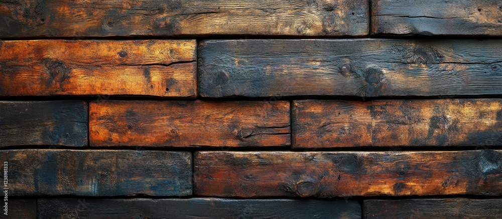 Poster textured wooden wall surface with dark and warm tones of stained wood planks arranged in a horizonta