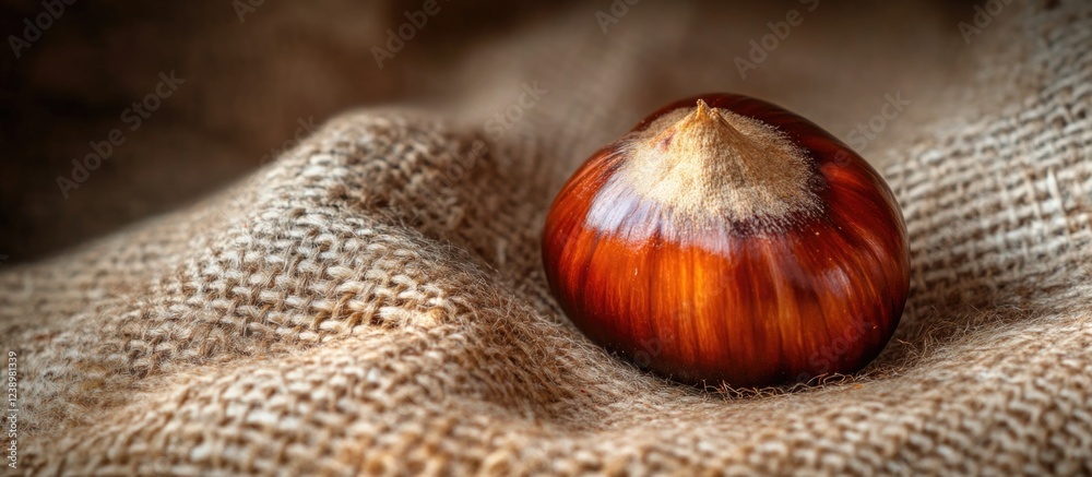 Poster single chestnut resting on textured burlap fabric with warm lighting and soft focus, natural food ba