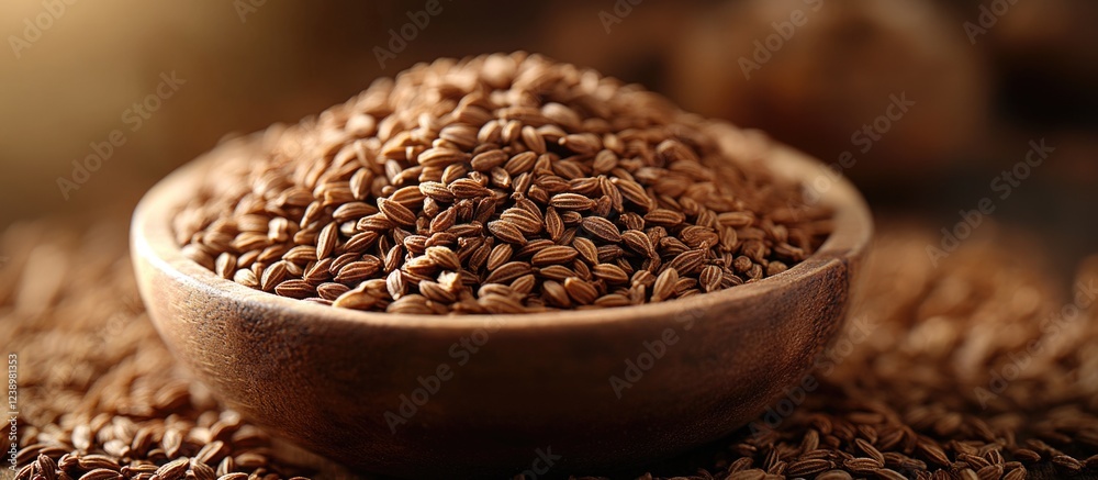 Poster brown cumin seeds in a wooden bowl with scattered seeds on a textured surface and soft natural light